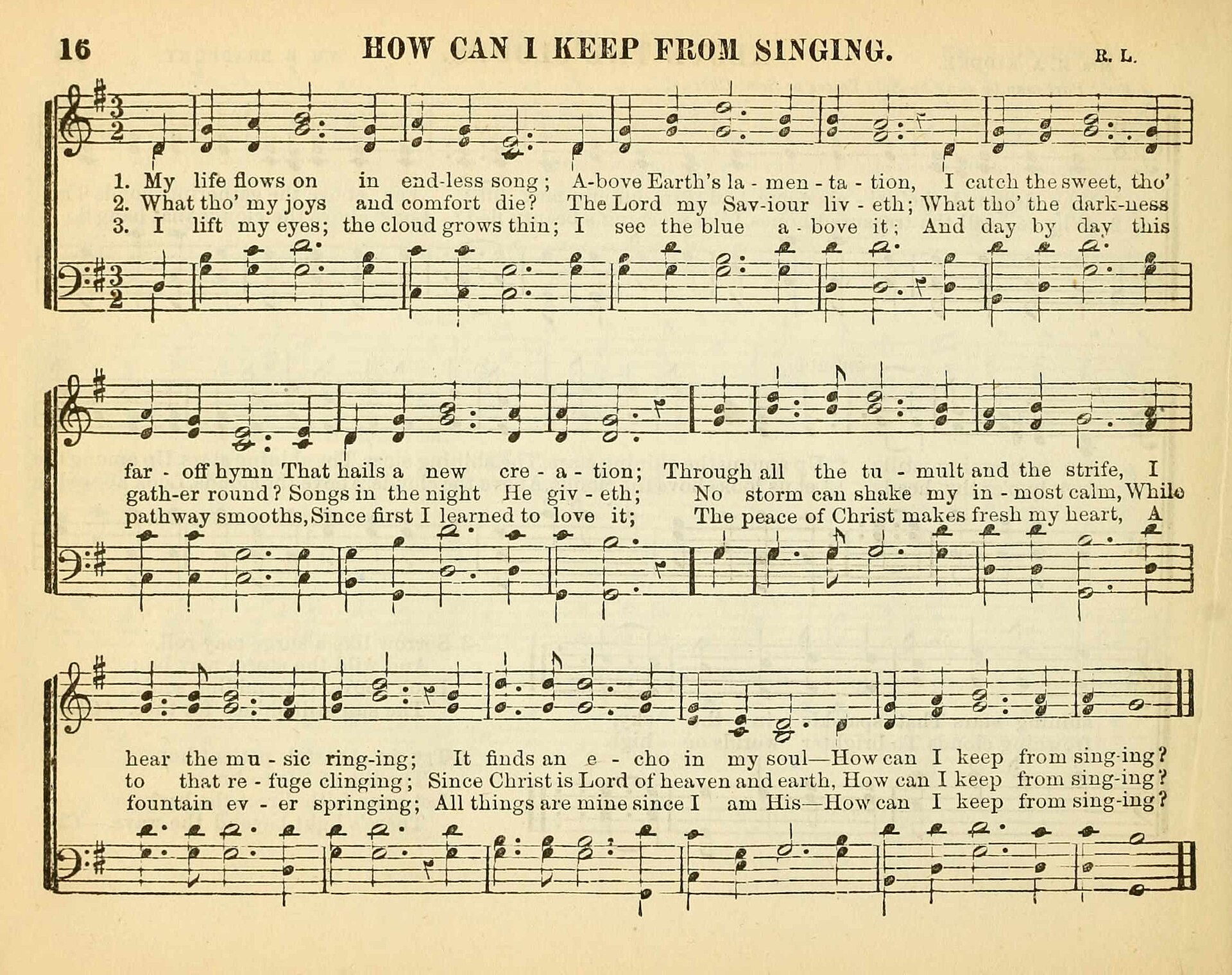 Imagem de referência de How Can I Keep from Singing?, descrito nos dados abertos como hino Cristão por Robert W. Lowry (em Inglês)