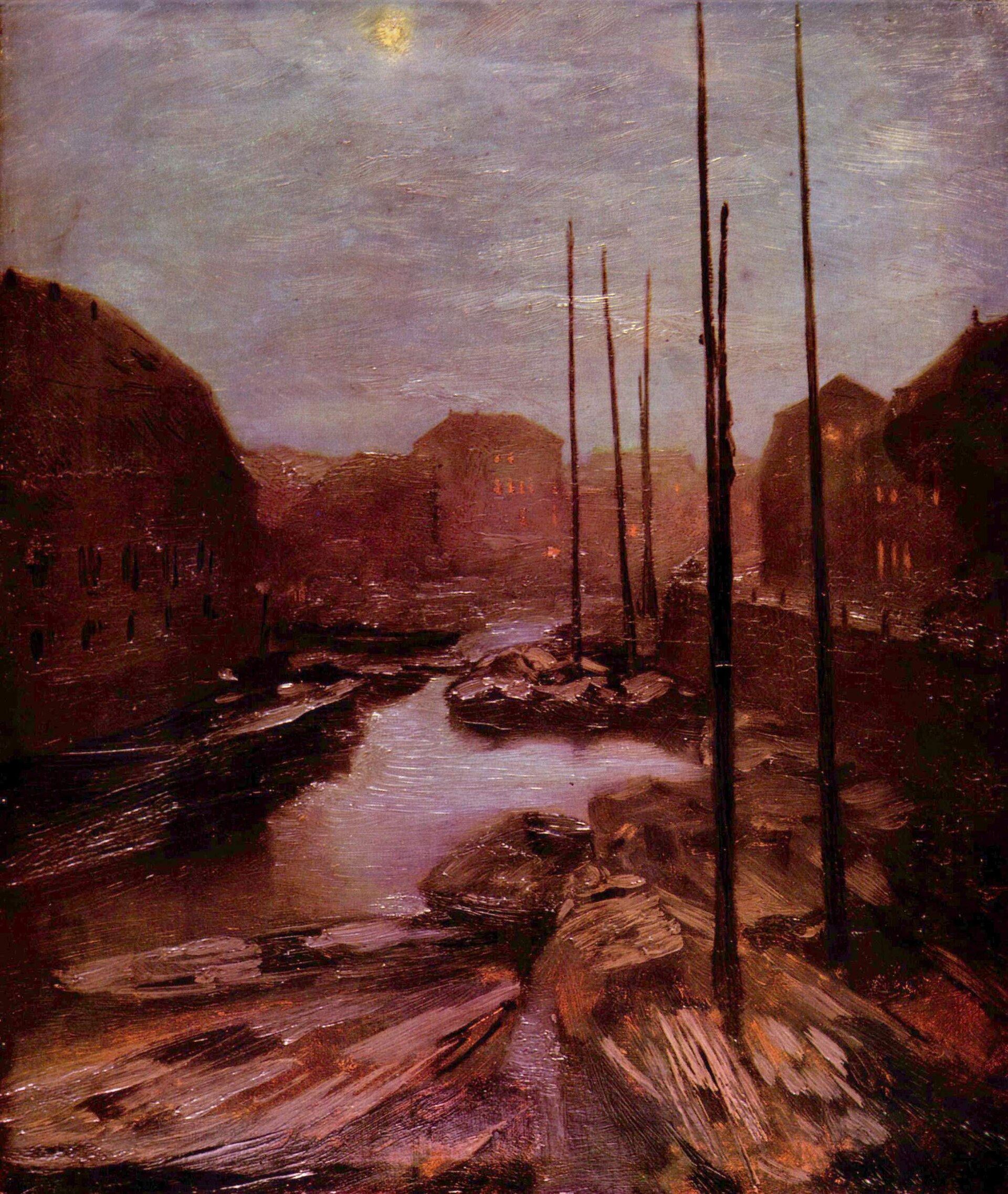 Imagem de referência de Friedrichsgracht ao luar, descrito nos dados abertos como pintura de Adolph Menzel