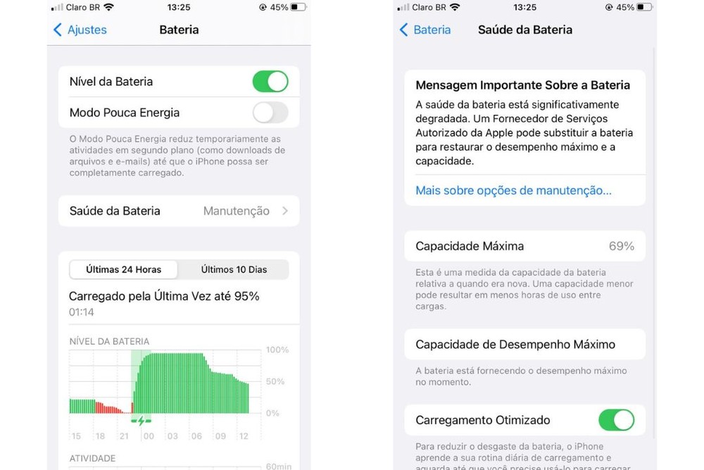 Saúde da bateria de um iPhone 7 recondicionado após seis anos de uso — Foto: Reprodução/Danilo Dias