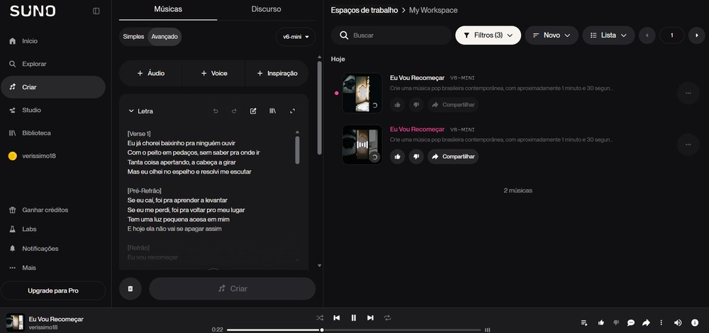 Tela de criação do Suno AI — Foto: Reprodução/Gisele Veríssimo