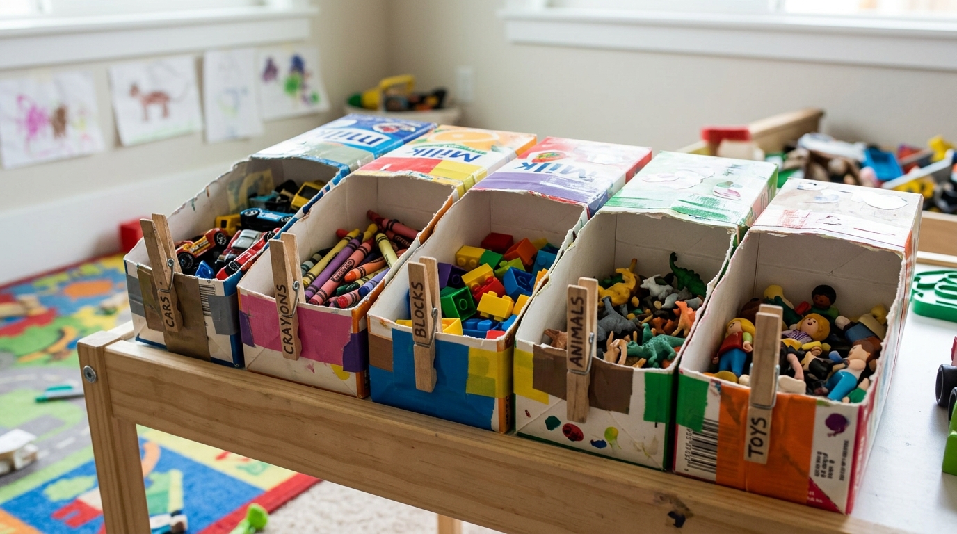 A gambiarra com caixas de leite e prendedores que organiza brinquedos no quarto e custa quase nada