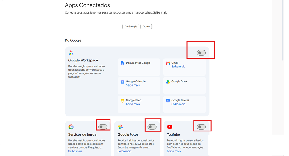 Clique nos ícones marcados para ativar ou desativar a conexão com serviços do Google Workspace — Foto: Reprodução/Gisele Veríssimo