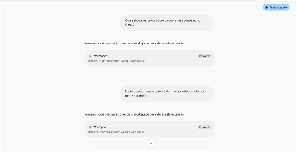 Gemini solicita conexão com Google Workspace para fornecer respostas personalizadas — Foto: Reprodução/Gisele Veríssimo